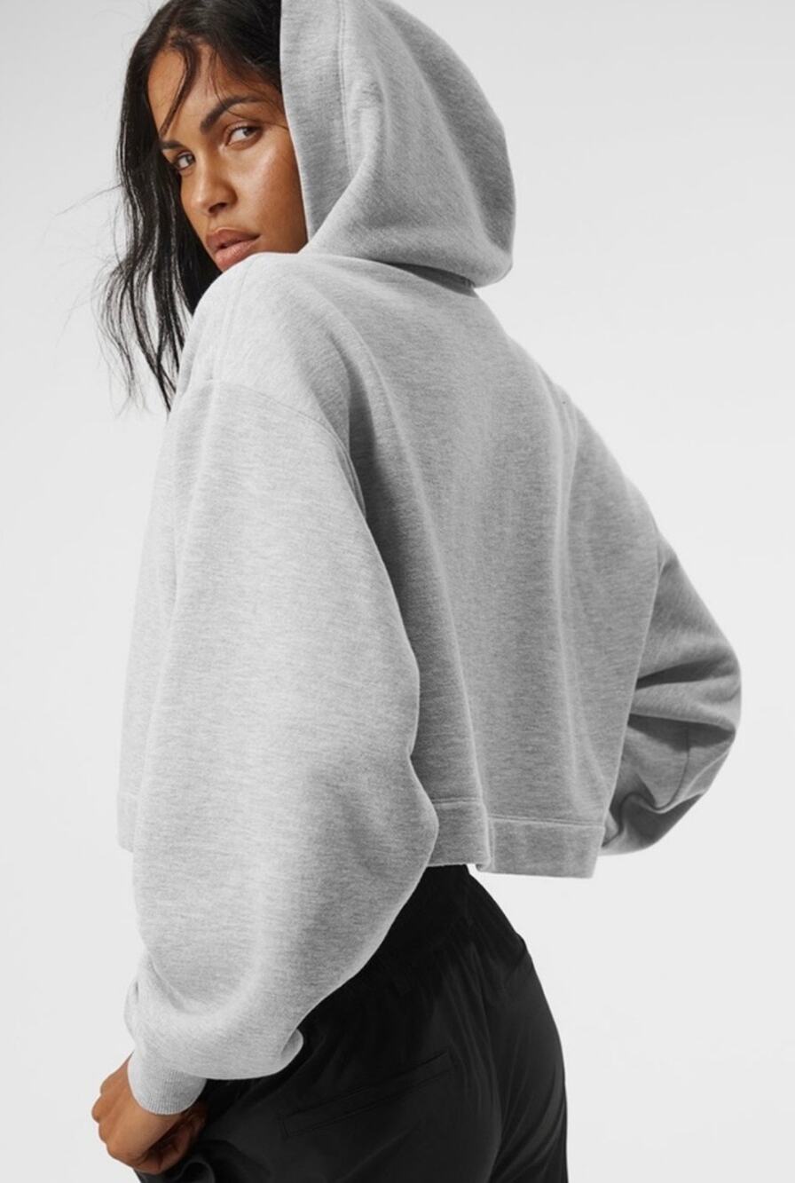 Alo Yoga Bae Hoodie Cropped Oversized Sweatshirt Gray Size Large